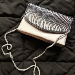 Silver Beaded Satin Clutch
